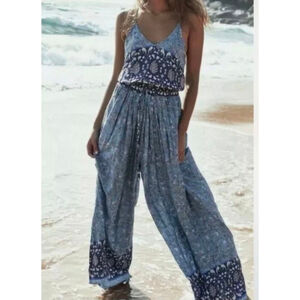 JAASE Wave Sapphire Print Jumpsuit Blue Purple Paisley Boho Hippie Wide Leg L